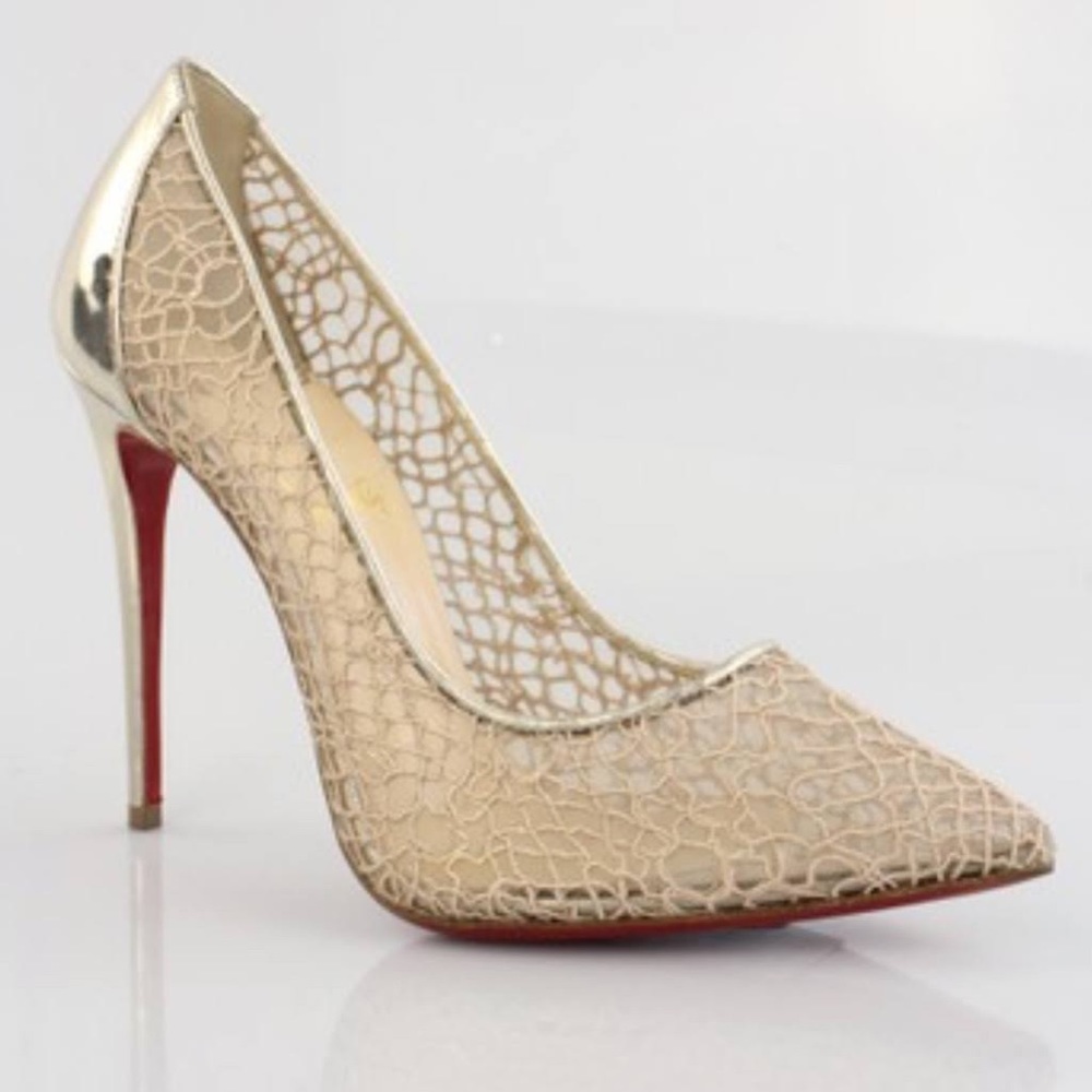 Christian Louboitin Champagne Lace Pump With Metallic Gold Back